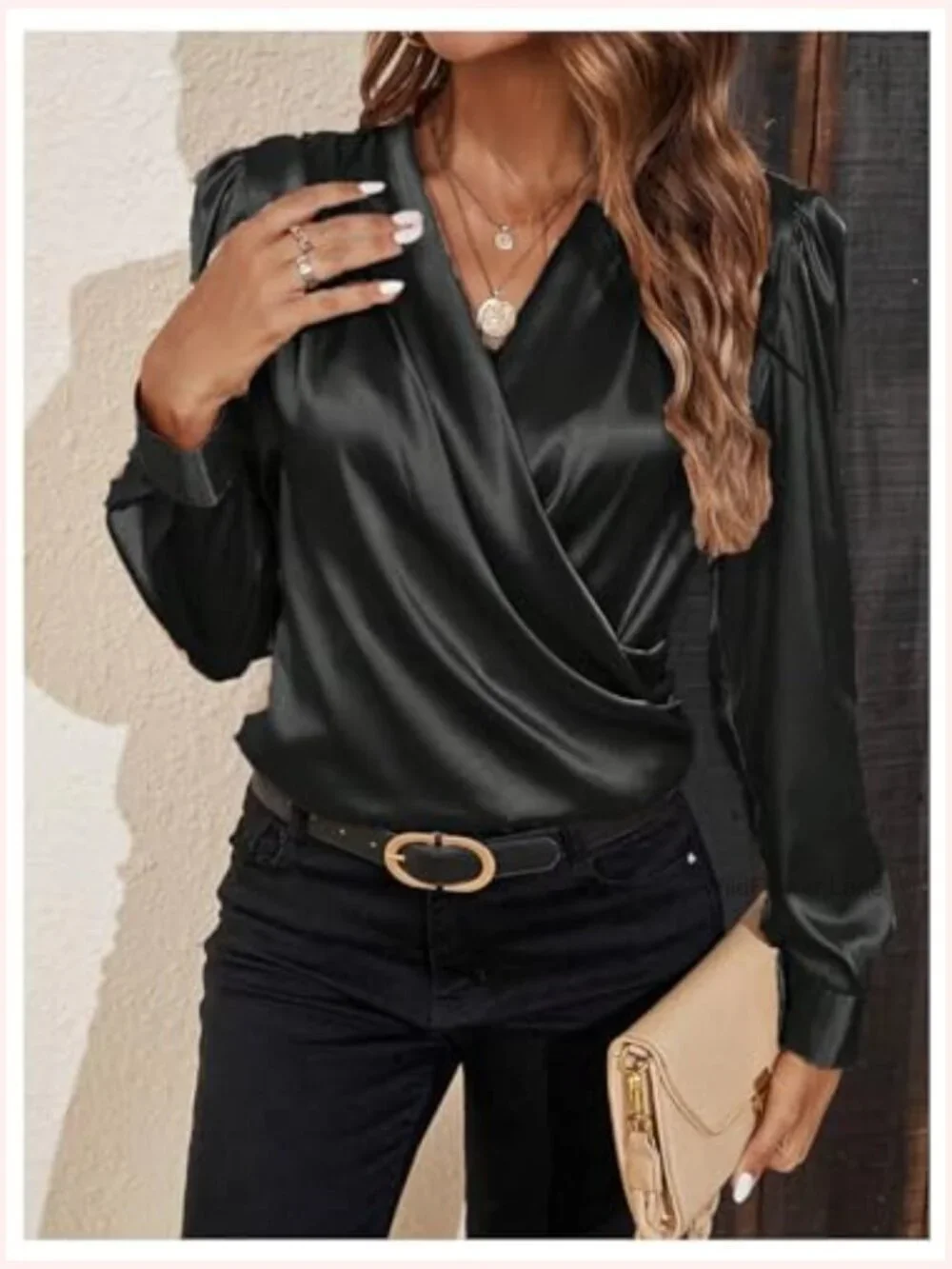 Women's Satin Silk V-Neck Wrap Blouse Long Sleeve Puff Sleeve Office Top - Picture 5 of 6